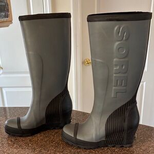 Sorel Ladies Joan Black Gray Wedge Tall Felt Rain Boots-7